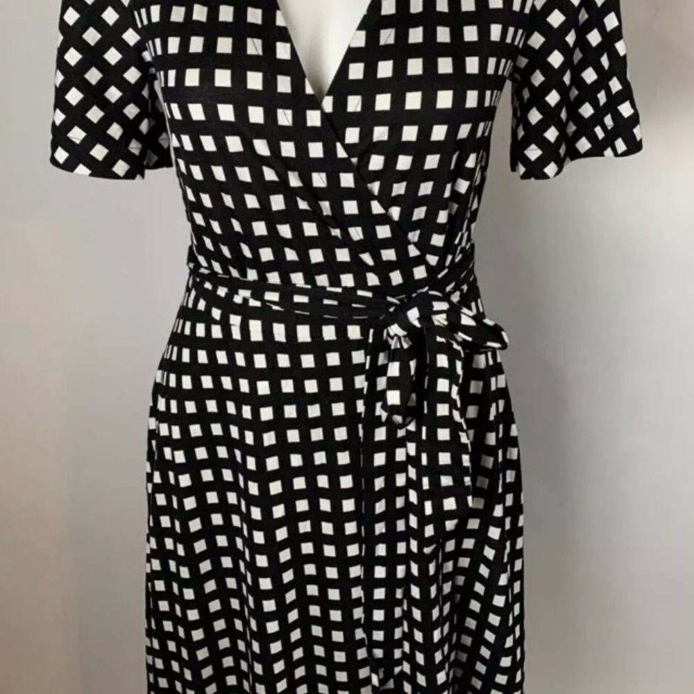 Ann Taylor Polka Square Plaid True Wrap Stretch Dress 10 Black/White Short Sleev - Picture 4 of 16